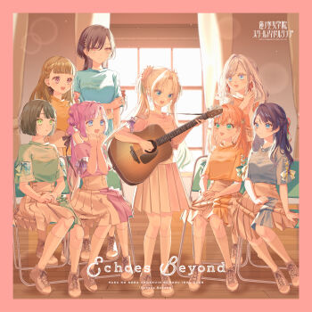 Rule 34 | 6+girls, :d, absurdres, acoustic guitar, album cover, anyoji hime, aqua shirt, artist request, black hair, black ribbon, blonde hair, blue eyes, blue ribbon, blue shirt, blunt bangs, blunt ends, blush, bob cut, border, braid, brown hair, center-flap bangs, ceras yanagida lilienfeld, chair, closed mouth, commentary request, cover, echoes beyond (love live!), flower, full body, gradient hair, green eyes, grey hair, guitar, hair flower, hair ornament, hair ribbon, half updo, highres, hinoshita kaho, indoors, instrument, kachimachi kosuzu, katsuragi izumi, kneehighs, light particles, link! like! love live!, long hair, looking at another, love live!, medium skirt, momose ginko, multi-tied hair, multicolored hair, multiple girls, murano sayaka, music, official art, on chair, open mouth, orange hair, orange shirt, osawa rurino, own hands together, parted bangs, pink border, pink flower, pink hair, pink ribbon, pink shirt, playing guitar, playing instrument, pleated skirt, ponytail, purple hair, rabbit hair ornament, red ribbon, ribbon, shirt, shoes, short hair, short sleeves, side braids, sidelocks, sitting, skirt, smile, sneakers, socks, song name, standing, triangle hair ornament, twintails, two side up, virtual youtuber, wavy hair, white skirt, white socks, yellow shirt