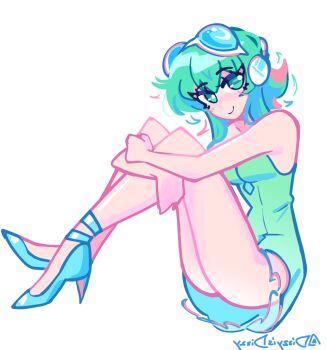 1girl aqua_dress aqua_eyes aqua_hair aqua_shoes breasts closed_mouth commentary dizzyisdizzy dress english_commentary eyelashes full_body goggles goggles_on_head gumi headset high_heels shoes short_hair signature simple_background sitting sleeveless sleeveless_dress smile solo vocaloid white_background
