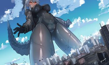 1girl absurdres black_bodysuit black_gloves black_jacket blue_sky blush bodysuit breasts building cameltoe city closed_mouth cloud commentary_request covered_erect_nipples covered_navel day destruction dragon_girl dragon_horns dragon_tail from_below giant giantess gloves grey_hair highres horns impossible_bodysuit impossible_clothes jacket large_breasts latex long_hair looking_down m004_(natsukaze_shigure) natsukaze_shigure open_clothes open_jacket original outdoors ponytail red_eyes shiny_clothes skin_tight sky skyscraper solo tail