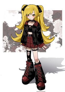1girl arms_at_sides belt belt_buckle belt_collar black_belt black_bow black_camisole black_collar black_jacket black_thighhighs blonde_hair blush blush_stickers bow buckle camisole clothing_cutout collar commentary_request hair_bow hair_flaps heart_cutout highres jacket leg_warmers long_hair looking_at_viewer monogatari_(series) myuga66666 oshino_shinobu plaid_clothes plaid_skirt pleated_skirt red_shoes red_skirt shadow shoes single_thighhigh skirt solo standing thigh_strap thighhighs torn_clothes torn_thighhighs twintails very_long_hair white_background yellow_eyes