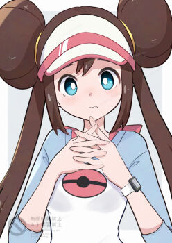 1girl aoneko4ao_(edwf7745) blue_eyes bright_pupils brown_hair closed_mouth commentary_request double_bun hair_bun hands_up long_hair looking_at_viewer nintendo own_hands_together pokemon pokemon_black_2_and_white_2 raglan_sleeves rosa_(pokemon) shirt sidelocks solo three-quarter_sleeves twintails upper_body visor_cap watermark white_pupils xtransceiver