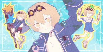 &gt;_&lt; 1boy arm_up black_shorts blonde_hair blue_jacket chainsaw closed_mouth goggles goggles_on_head hashtag-only_commentary highres holding holding_chainsaw jacket limbus_company looking_at_viewer molar_boatworks_(identity)_(project_moon) multiple_views open_clothes open_jacket open_mouth project_moon shoes shorts sinclair_(project_moon) sneakers towel towel_around_neck white_shoes yellow_eyes yesheng_zong_ren