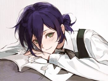 1girl black_bow black_bowtie black_vest blush book bow bowtie buttons chainsaw_man closed_mouth commentary english_commentary flower green_eyes hair_between_eyes hair_bun highres leaning_on_table long_hair_between_eyes long_sleeves looking_at_viewer open_book pekopeco purple_hair reze_(chainsaw_man) shirt short_hair simple_background smile solo table upper_body vest white_background white_flower white_shirt