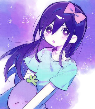 1girl :o aubrey_(headspace)_(omori) aubrey_(omori) blue_shirt blush bow bra_strap bright_pupils cloud colored_skin commentary_request double-parted_bangs hair_between_eyes hair_bow hatching_(texture) highres holding holding_stuffed_toy long_hair masyu_bimitalya mr._plantegg_(omori) omori open_mouth outdoors pink_bow purple_eyes purple_hair purple_sky shirt sidelocks sky solo sparkle straight_hair stuffed_animal stuffed_eggplant stuffed_toy tongue upper_body v-shaped_eyebrows v_arms very_long_hair watermark white_pupils white_skin