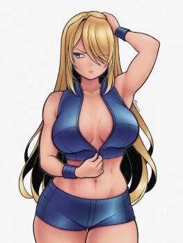 1girl absurdres antilerhour armpit_crease armpits asymmetrical_bangs bare_shoulders blonde_hair blue_eyes blue_shirt blue_shorts blue_wrist_cuffs bracelet breasts breasts_apart cleavage collarbone eyelashes female_focus hair_down hair_over_one_eye hand_on_own_head hands_up highres jewelry large_breasts long_hair looking_to_the_side metroid metroid_fusion midriff mole mole_under_mouth navel nintendo official_alternate_costume official_alternate_hairstyle open_clothes open_shirt parted_bangs samus_aran serious shirt short_shorts shorts sidelocks simple_background sports_bra standing sweat tall_female thigh_gap thighs toned_stomach undressing unzipped white_background wrist_cuffs zipper zipper_pull_tab