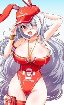 Rule 34 | 1girl, arm behind head, azur lane, breasts, cleavage, collarbone, covered navel, gradient background, hair between eyes, hat, highres, holding, holding unworn clothes, holding unworn hat, houshi, large breasts, lifeguard, long hair, looking at viewer, one-piece swimsuit, pouch, prinz heinrich (azur lane), prinz heinrich (rabbit on watch) (azur lane), red eyes, red headwear, red one-piece swimsuit, shiny skin, smile, swimsuit, thigh pouch, thigh strap, thighs, unworn hat, unworn headwear, upper body, very long hair, white hair