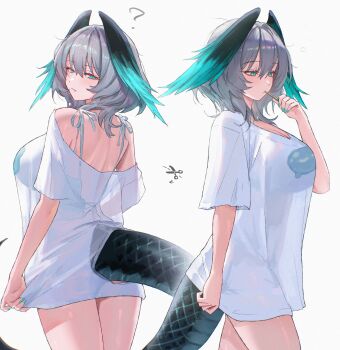1girl absurdres alternate_costume aqua_feathers aqua_nails aqua_wings arknights blush breasts commentary_request fang feathered_wings film_grain hair_between_eyes head_wings highres ho&#039;olheyak_(arknights) large_breasts long_tail looking_at_viewer multiple_views see-through_silhouette simple_background snake_girl snake_tail squeans tail two-tone_feathers two-tone_wings uof white_background wings