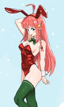 Rule 34 | 1girl, ahoge, animal ears, arm up, bare shoulders, blue background, blue eyes, blush, bow, braid, breasts, cleavage, drawfag, fake animal ears, green bow, green thighhighs, hair ornament, hairband, highres, leotard, long hair, medium breasts, navel, nono (top wo nerae 2!), pink hair, playboy bunny, rabbit tail, red hairband, snowing, solo, standing, thighhighs, tongue, tongue out, top wo nerae! (series), top wo nerae 2!, wrist cuffs