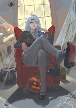 1girl absurdres ahoge armchair back-seamed_legwear bird black_bird black_nails black_pantyhose black_unitard blue_flower blue_rose bodystocking boutonniere breasts bug chair cleavage commentary crossed_legs english_commentary flower flower_on_chest full_body hair_ornament hairpin hand_up highres indoors jack-o&#039;-lantern large_breasts long_hair mary_janes official_alternate_costume on_chair open_mouth pantyhose pumpkin rose seamed_legwear shoes silk single_hair_intake sitting solo spider spider_web thighs white_hair window yellow_eyes yixuan_(trails_of_ink)_(zenless_zone_zero) yixuan_(zenless_zone_zero) yukiale zenless_zone_zero