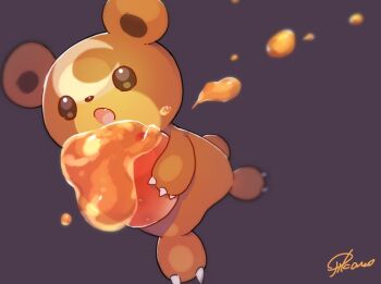 artist_name bear brown_eyes claws commentary facial_mark fang forehead_mark gen_2_pokemon holding honey nintendo no_humans ojikano open_mouth pokemon pokemon_(creature) pokemon_focus simple_background solo teddiursa