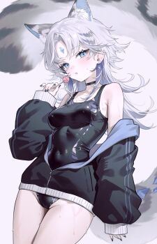 1girl animal_ear_fluff animal_ears bare_shoulders black_choker black_jacket black_nails black_one-piece_swimsuit blue_eyes blush breasts candy character_request choker commentary copyright_request covered_navel cowboy_shot earrings extra_ears fingernails food forehead_jewel fymrie grey_hair highres holding holding_candy holding_food holding_lollipop jacket jewelry lollipop long_hair long_sleeves looking_at_viewer medium_breasts nail_polish off_shoulder one-piece_swimsuit open_mouth puffy_long_sleeves puffy_sleeves sleeves_past_wrists slit_pupils solo swimsuit tail thighs virtual_youtuber wet wolf_ears wolf_girl wolf_tail