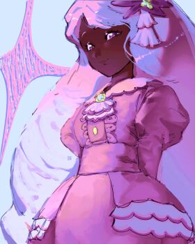 1girl absurdres arms_behind_back ascot brooch cowboy_shot dark-skinned_female dark_skin dress fascinator frilled_ascot frilled_dress frills hfsean2 highres jacinthe_(pokemon) jewelry juliet_sleeves long_hair long_sleeves looking_at_viewer low_drills nintendo pokemon pokemon_legends:_z-a puffy_sleeves purple_dress purple_eyes purple_hair smile very_dark_skin very_long_hair