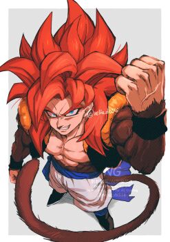 Rule 34 | 1boy, biceps, blue eyes, blue sash, body fur, dragon ball, dragon ball gt, gogeta, highres, male focus, metamoran vest, monkey boy, monkey tail, muscular, muscular male, no nipples, pants, pectorals, red hair, relio db318, sash, simple background, smile, solo, spiked hair, super saiyan, super saiyan 4, tail, veins, veiny hands, white pants