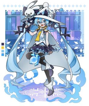 1girl absurdres aqua_eyes aqua_hair black_jacket blue_dress boots commentary_request dress gem gloves green_gem hair_between_eyes hair_ornament hat hatsune_miku highres holding holding_wand jacket knee_boots long_hair magical_mirai_(vocaloid) magical_mirai_miku magical_mirai_miku_(2013) myuga66666 official_alternate_costume official_alternate_hairstyle open_mouth rabbit_yukine sleeveless sleeveless_dress smile snowflakes solo standing standing_on_one_leg top_hat twintails very_long_hair vocaloid wand white_boots white_gloves