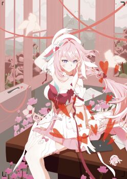 1girl absurdres bare_shoulders beret breasts chinese_commentary cleavage commentary_request desk diamond-shaped_pupils diamond_(shape) dress elysia_(hi_love_elf)_(honkai_impact) elysia_(honkai_impact) gloves hat heart highres honkai_(series) honkai_impact_3rd indoors large_breasts little_messenger_(honkai_impact) long_hair multicolored_hair on_desk pink_hair purple_eyes red_dress shibao_xiangtie_fuhua sitting smile solo symbol-shaped_pupils thighhighs two-tone_hair very_long_hair white_dress white_gloves white_hair white_thighhighs