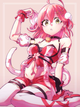 1girl absurdres alternate_costume armband bell cat_tail controller green_eyes hair_ornament hairclip highres holding holding_controller hololive kinchaku_(udonntyaku) midriff navel neck_bell open_mouth pink_background pink_hair pink_shorts sakura_miko short_shorts shorts tail thighhighs thighs virtual_youtuber white_thighhighs