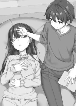 Rule 34 | 1boy, 1girl, absurdres, book, breasts, brother and sister, brother and step-sister, closed eyes, closed mouth, commentary request, greyscale, hand on another's head, highres, holding, holding book, irido mizuto, irido yume, long hair, long sleeves, looking at another, lying, mamahaha no tsurego ga moto kano datta, medium breasts, monochrome, novel illustration, official art, on back, open book, pants, parted lips, second-party source, shirt, short hair, short sleeves, siblings, sitting, step-brother and step-sister, step-siblings, takayaki