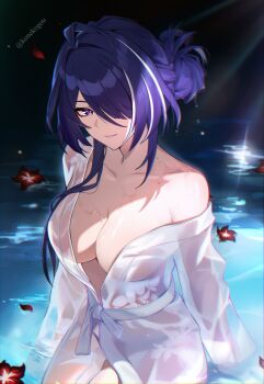 1girl acheron_(honkai:_star_rail) alternate_costume alternate_hairstyle breasts collarbone commentary english_commentary flower_on_liquid hair_bun hair_over_one_eye highres honkai:_star_rail honkai_(series) konekogou large_breasts long_hair long_sleeves looking_at_viewer parted_lips purple_eyes purple_hair robe sitting smile solo wading water wet wet_clothes white_robe