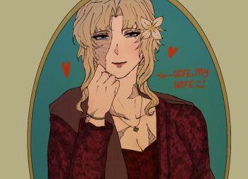 1girl balalaika_(black_lagoon) black_lagoon blonde_hair blue_background blue_eyes breasts cleavage closed_mouth coat english_text grey_background hand_up long_sleeves looking_at_viewer medium_hair red_coat scar scar_on_arm scar_on_breasts scar_on_face scar_on_neck solo supernouvva upper_body