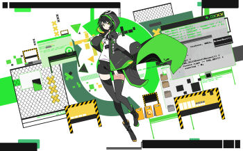 Rule 34 | 1girl, abstract background, black cape, black hood, black thighhighs, boots, c (programming language), cape, chain-link fence, character name, circlet, clothes writing, code, cross, fence, flying, green cape, green eyes, green hood, hazard stripes, highres, hood, hood up, hooded cape, hoodie, ideolo, jewelry, linux, linux-tan, long hair, long sleeves, open clothes, open hoodie, os-tan, outstretched arm, pendant, personification, programming (topic), rectangle, road sign, shapes, shirt, sign, terminal, thighhighs, thighs, void linux, white shirt, wide sleeves, window (computing)