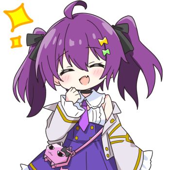 1girl :d ^_^ ahoge bare_shoulders black_bow black_choker blush bow choker closed_eyes collared_shirt commentary_request facing_viewer fang frilled_sleeves frills green_bow grey_jacket hair_between_eyes hair_bow hand_up high-waist_skirt jacket kotatsu-mazoku kuchiba_rami long_hair long_sleeves muv-luv muv-luv_girls_garden necktie off_shoulder open_clothes open_jacket open_mouth purple_hair purple_necktie purple_skirt shirt simple_background skin_fang skirt sleeveless sleeveless_shirt smile solo sparkle twintails upper_body white_background white_shirt yellow_bow