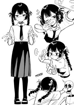 1girl absurdres bell belt bow braid cellphone choker collared_shirt commentary double_v ear_piercing english_commentary english_text eye_poke fern_(num) greyscale hair_bow hair_ornament heart heart_hair_ornament highres holding holding_phone jingle_bell long_hair long_sleeves looking_at_viewer mask monochrome mouth_mask multiple_views necktie notice_lines num_(angrynum) one_eye_closed original pantyhose phone piercing poking popped_collar school_uniform selfie shirt shirt_tucked_in shoes skeleton skirt smartphone twin_braids v v-shaped_eyebrows