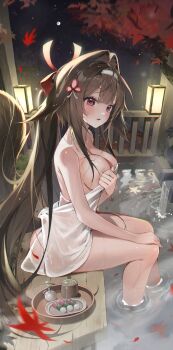 1girl absurdres animal_ears bare_shoulders breasts brown_hair chama_(chacoc0) commentary cup dango floppy_ears food hairband highres large_breasts long_hair loo looking_at_viewer naked_towel night outdoors parted_lips red_eyes sitting solo towel very_long_hair wagashi white_hairband ye_shunguang zenless_zone_zero