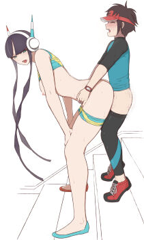 1boy 1girl age_difference ass asymmetrical_footwear bare_arms bike_shorts bike_shorts_pull black_hair blue_eyes breasts breasts_out brown_hair elesa_(pokemon) flats hand_on_another&#039;s_hip headphones height_difference hetero highres looking_back medium_breasts mismatched_footwear mizuno_(pixiv31352320) nate_(pokemon) nintendo nipples open_mouth photoshop_(medium) pokemon pokemon_bw2 red_footwear red_headwear sex shiny_skin shoes shota sidelocks smile sneakers stairs standing standing_sex tall_female tiptoes uneven_footwear visor_cap white_background
