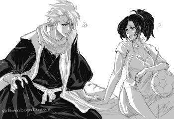 Rule 34 | 1boy, 1girl, ?, ball, bleach, bleach: epilogue, bombomdraws, breasts, commentary, english commentary, haori, heart, hetero, hitsugaya toushirou, hitsugaya toushirou (adult), japanese clothes, kurosaki karin, medium breasts, scarf, shihakusho, sitting, sketch, soccer ball, spoken heart, taichou haori, twitter username