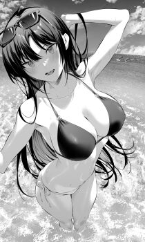 bikini black_hair blush breasts eyewear_on_head haite_kudasai_takamine-san highres hiiragi_yuuichi large_breasts long_hair looking_at_viewer monochrome ocean open_mouth smile string_bikini sunglasses swimsuit takamine_takane wading