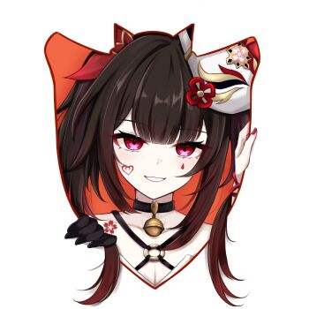 1girl bell black_gloves black_hair choker commentary flower_tattoo fox_mask gloves highres honkai:_star_rail honkai_(series) long_hair looking_at_viewer mask pink_eyes red_eyes red_nails sidelocks smile sparkle_(honkai:_star_rail) strap tattoo tiizumaru98 twintails white_background