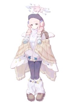 1girl :o absurdres beret black_hat black_pantyhose blanket blue_archive blunt_ends boots braid braided_twintails breasts brown_boots cardigan commentary_request flower full_body hair_flower hair_ornament halo hat highres jewelry leg_warmers long_hair long_sleeves mika_(blue_archive) necklace open_cardigan open_clothes pantyhose parted_lips pink_cardigan pink_hair pink_halo plaid_blanket purple_flower simple_background sleeve_bow solo standing sweater turtleneck turtleneck_sweater white_background white_leg_warmers white_sweater white_wings wing_ornament wings yellow_eyes yona_(yoroyoro)