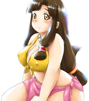 1girl artist_name artist_request bikini blush breasts brown_hair cleavage covered_erect_nipples front-tie_bikini_top front-tie_top jewelry large_breasts legs long_hair looking_at_viewer navel necklace saaya_(suisei_no_gargantia) sarong sitting smile solo source_request suisei_no_gargantia swimsuit thighs yellow_bikini yellow_eyes