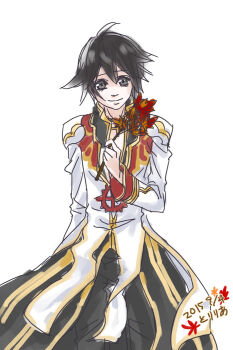 1boy black_coat black_eyes black_hair black_pants branch closed_mouth coat commentary_request cowboy_shot dated gold_trim high_priest_(ragnarok_online) holding holding_branch leaf long_sleeves looking_at_viewer male_focus maple_leaf pants ragnarok_online red_coat short_hair simple_background smile solo toriria white_background