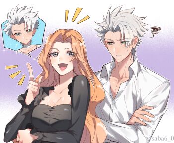 1boy 1girl black_dress black_eyes bleach breasts cleavage commentary_request commission crossed_arms dress eyes_visible_through_hair green_eyes grey_hair highres hitsugaya_toushirou hitsugaya_toushirou_(adult) index_finger_raised large_breasts long_hair matsumoto_rangiku mixed-language_commentary mole mole_under_mouth open_mouth orange_hair saba_miso second-party_source smile sparkle spoken_character squiggle twitter_username wavy_hair