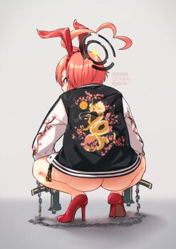 1girl ahoge animal_ear_hairband animal_ears ass black_halo blue_archive chain dual_wielding fake_animal_ears gojarun gun hairband halo high_heels highres holding huge_ahoge jacket long_sleeves neru_(blue_archive) neru_(bunny)_(blue_archive) official_alternate_costume orange_hair print_jacket rabbit_ear_hairband rabbit_ears red_eyes red_hairband short_hair sig_mpx solo squatting submachine_gun sukajan weapon