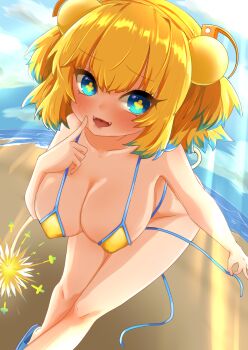 1girl absurdres beach bikini blonde_hair blue_hair blush bombergirl breasts cleavage clover-shaped_pupils commentary_request double_bun fangs fujimura_ram hair_bun highres large_breasts looking_at_viewer medium_hair multicolored_hair open_clothes open_mouth outdoors pine_(bombergirl) sand solo swimsuit symbol-shaped_pupils tail two-tone_hair untied_bikini water yellow_bikini