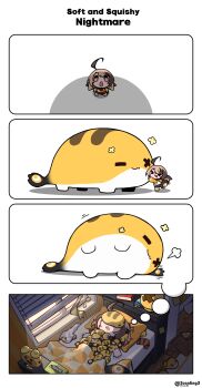 1girl absurdres ahoge alarm_clock bedroom black_shorts brown_hair clock dogpile gigi_murin gigi_murin_(1st_costume) gloves grem_(gigi_murin) highres hololive hololive_english hood hoodie messy_room multicolored_hair open_mouth orange_hoodie pink_eyes scanling shirt short_hair shorts sleeping sleeping_on_person smile tail tissue_box twintails two-tone_hair virtual_youtuber window_blinds x_eye