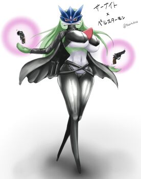 1girl :&lt; absurdres beelstarmon beelstarmon_(cosplay) belt black_belt black_coat black_pants black_vest blue_mask bob_cut breasts closed_mouth coat colored_skin commentary_request cosplay cropped_vest digimon eye_mask full_body gardevoir gen_3_pokemon green_hair green_skin gun highres large_breasts leather leather_pants long_hair looking_at_viewer mask multicolored_skin navel nintendo open_clothes open_coat pants pokemon pokemon_(creature) red_eyes shadow sidelocks simple_background solo standing stomach tanio_(tanio_0114) telekinesis tight_clothes tight_pants translation_request two-tone_skin underboob vest weapon white_background white_skin