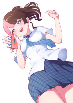 Rule 34 | 1girl, absurdres, alternate costume, blue eyes, blue necktie, blue skirt, brown hair, commentary request, dutch angle, earrings, from below, highres, holding, holding phone, jewelry, multicolored hair, necktie, niboshidrip, open mouth, parted lips, phone, pink hair, plaid clothes, plaid necktie, plaid skirt, pleated skirt, ponytail, school uniform, shirt, short sleeves, simple background, skirt, solo, split-color hair, tachibana hinano, teeth, two-tone hair, upper teeth only, virtual youtuber, vspo!, white background, white shirt
