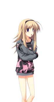 1girl arms_around_self bare_legs black_hairband blonde_hair blood_tune bottomless breasts chaos;head character_name character_print facing_viewer from_side game_cg hairband long_sleeves looking_at_viewer loungewear matsuo_yukihiro nishijou_nanami non-web_source official_art open_mouth pink_trim profile purple_eyes science_adventure seira_orgel small_breasts solo sprite sweater swept_bangs transparent_background worried