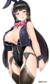 1girl adapted_costume alternate_breast_size_(larger) animal_ears bare_arms bare_shoulders black_hair black_hairband black_leotard blush bow bowtie braid breasts breath brown_thighhighs closed_mouth collarbone collared_vest commentary_request covered_navel crop_top crop_top_overhang cropped_vest curvy fake_animal_ears fingernails frown garter_belt grey_eyes groin hair_ornament hairband hairclip half-closed_eyes half_up_braid head_tilt highres hip_focus huge_breasts lapels legs_together leotard long_hair looking_at_viewer nijisanji open_clothes open_vest parted_lips peanut_mouth pink_bow pink_bowtie plaid_clothes plaid_lapels playboy_bunny pubic_hair pubic_hair_peek rabbit_ears saizu_nitou_gunsou shiny_clothes shiny_skin sidelocks simple_background solo standing straight_hair strapless strapless_leotard thighhighs thighs tsukino_mito tsukino_mito_(1st_costume) twitter_username very_long_hair vest virtual_youtuber white_background wrist_cuffs