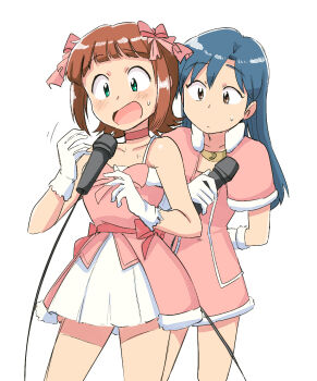 2girls amami_haruka arm_behind_back blue_hair bow brown_eyes brown_hair capelet choker closed_mouth commentary_request cowboy_shot cute_&amp;_girly_(idolmaster) dress dropping gloves green_eyes hair_bow highres holding holding_microphone idol_clothes idolmaster idolmaster_(classic) idolmaster_1 kisaragi_chihaya long_hair microphone multiple_girls multiple_hair_bows official_alternate_costume open_mouth pink_bow pink_capelet pink_choker pink_dress short_hair simple_background snow_strawberry_(idolmaster) standing sweatdrop tsubobot white_background white_gloves