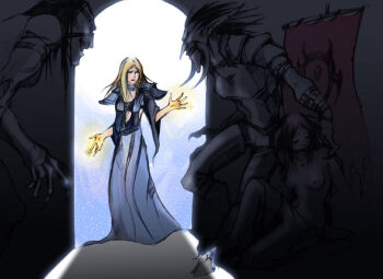 2boys 2girls armor ball_gag blonde_hair blue_dress bound bound_wrists captured closed_eyes confrontation doorway draenei dress flag gag gagged horde mage magic multiple_boys multiple_girls smile topless_female troll tusks undead warcraft world_of_warcraft