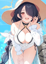 Rule 34 | 1girl, bent over, black choker, black hair, blue archive, blush, breasts, choker, cleavage, collarbone, criss-cross halter, cross, cross earrings, earrings, gluteal fold, hair over one eye, halo, halterneck, hand on own thigh, hat, hinata (blue archive), hinata (swimsuit) (blue archive), jewelry, large breasts, long hair, long sleeves, one-piece swimsuit, outdoors, red eyes, rin ateria, smile, solo, swimsuit, thighs, white one-piece swimsuit