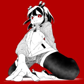1girl :d arm_support blush boots chinese_commentary commentary_request foreshortening greyscale_with_colored_background hairband highres jitomi_monoe kneeling long_sleeves looking_at_viewer magnet open_mouth pantyhose red_background red_eyes shorts simple_background smile solo spot_color virtual_youtuber voms yassu zipper_pull_tab