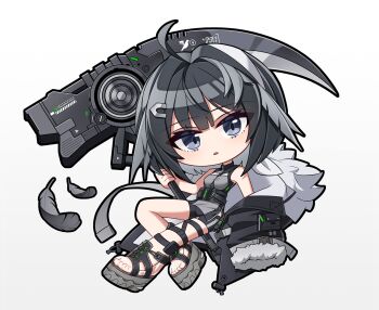 1girl ahoge arknights black_hair black_jacket black_shorts breasts chibi commentary_request full_body fur-trimmed_jacket fur-trimmed_sleeves fur_trim gradient_background grey_background grey_eyes grey_feathers grey_sandals grey_shirt hair_intakes hair_ornament hairclip highres holding holding_scythe jacket la_pluma_(arknights) long_sleeves looking_at_viewer medium_breasts off_shoulder parted_lips platform_sandals sandals scythe shirt short_shorts shorts sleeves_past_fingers sleeves_past_wrists solo white_background yeong_r6