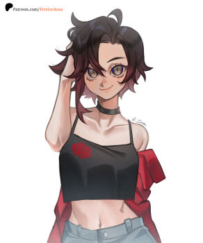 1girl absurdres adjusting_hair alternate_costume arm_at_side artist_name bare_shoulders black_camisole black_choker black_hair blue_pants breasts camisole choker closed_mouth collarbone colored_tips crop_top denim eyebrows eyelashes female_focus gradient_hair grey_eyes hand_up highres jacket jacket_partially_removed lips looking_at_viewer medium_breasts midriff multicolored_hair navel pants patreon_logo red_hair red_jacket ruby_rose rwby short_hair simple_background solo two-tone_hair upper_body variant_set zuu_(zuuzu)