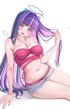 1girl aqua_eyes belt blush breasts chaisia_art crop_top earrings grey_shorts halo highres jewelry long_hair medium_breasts midriff multicolored_hair navel necklace open_mouth original pink_belt pink_hair pink_nails pink_sports_bra purple_hair shorts solo sports_bra stomach streaked_hair