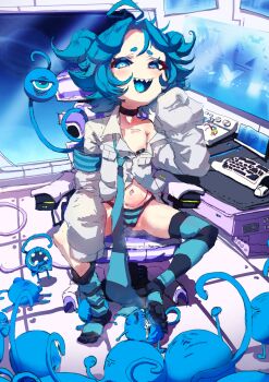 1girl :d ahoge anger_vein armband bandaid bandaids_on_nipples black_choker blue_armband blue_eyes blue_hair blue_necktie blue_panties blue_thighhighs blue_tongue blush chair choker collarbone colored_tongue commentary computer_keyboard computer_mouse crying desk english_commentary feet flat_chest full_body hand_up highres hollowsuia holographic_interface indie_virtual_youtuber indoors loli long_necktie long_sleeves looking_at_viewer loose_necktie loose_thighhigh luckycharm_(mittydotx) mesugaki mittydotx_(vtuber) navel nazar_(amulet) necktie no_pants no_shoes one-eyed open_clothes open_mouth open_shirt panties partially_unbuttoned pasties planet science_fiction sharp_teeth shirt short_eyebrows short_hair single_off_shoulder sitting sleeves_past_fingers sleeves_past_wrists smell smile solo spacecraft_interior steaming_body stepped_on striped_clothes striped_panties striped_thighhighs symbol-shaped_pupils teeth thick_eyebrows thighhighs underwear upper_teeth_only virtual_youtuber white_shirt window x-shaped_pupils